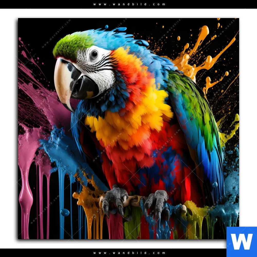 Leinwandbild von wandbild.com Papagei Quadrat bunten Farbspritzern - mit 