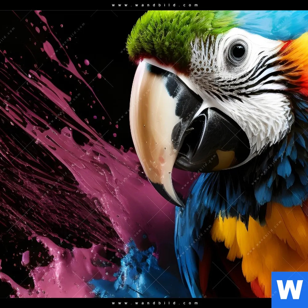 Leinwandbild von bunten - mit - Papagei Farbspritzern Quadrat wandbild.com