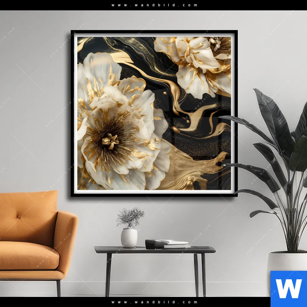 Poster ♥️ Blüten Gold Weiß Schwarz   Quadrat   BigBilder ...